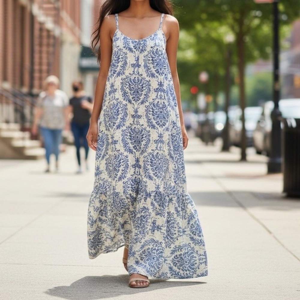 Maxi Dress - Blue and White Flowy - Print Elegant Damask Design. Resort/Festival